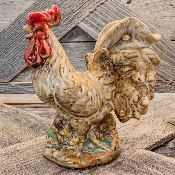 Vintage Hand Painted Glazed Ceramic Rooster with Sunflowers-Farmhouse-4.75” Tall - Picture 1 of 10